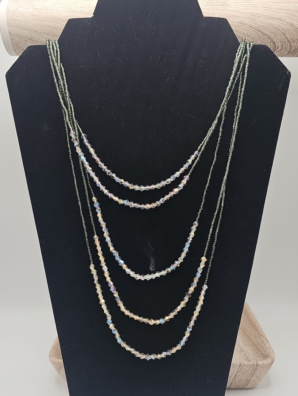 Multi-Strand Iridescent Crystal Bead Necklace - Green Seed Beads. Lovelt